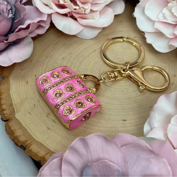 Chic Pink Crystal Heart Handbag Keychain Charm - Picture 4 of 9
